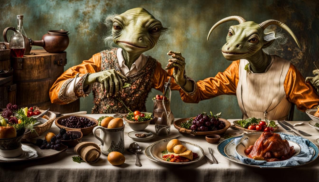 Surreal Alien Celebration in Restaurant, Hyperreal Painting