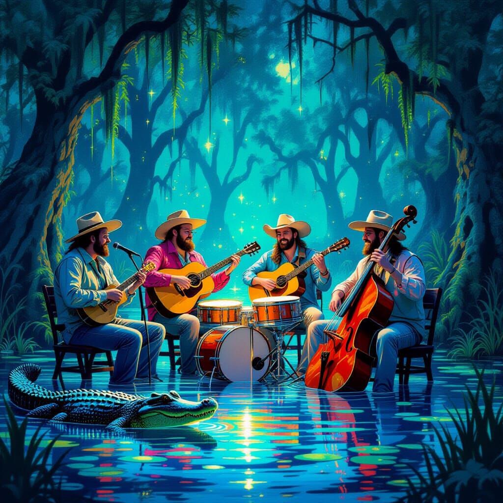 Cajun Band Plays in Bioluminescent Swamp, Moebius Style
