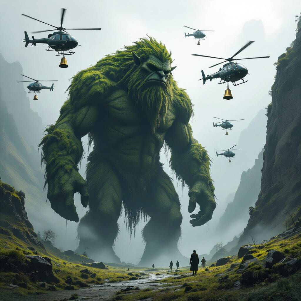 Colossal Troll and Helicopters with Bells in Misty Valley