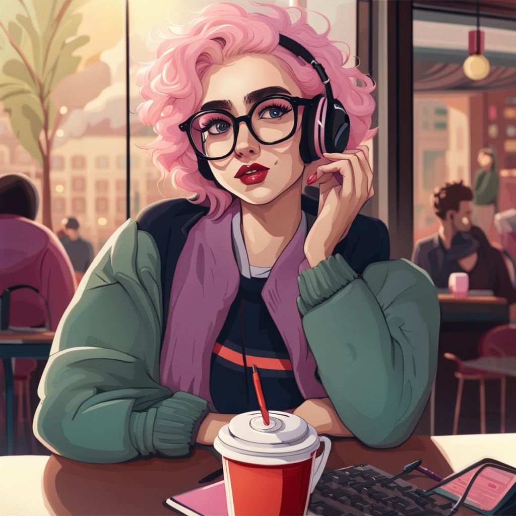 Genderfluid Individual in Cafe with Glasses and Headphones
