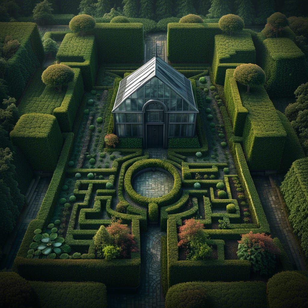 Greenhouse in Maze: Aerial View, Detailed Matte Painting