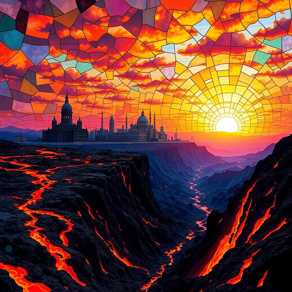 Molten Lava Cityscape in Stained Glass Mosaic Style