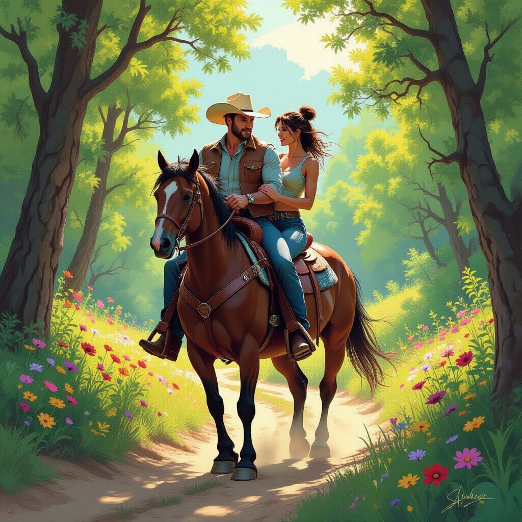 Cowboy and Woman on Horseback in Comic Book Style