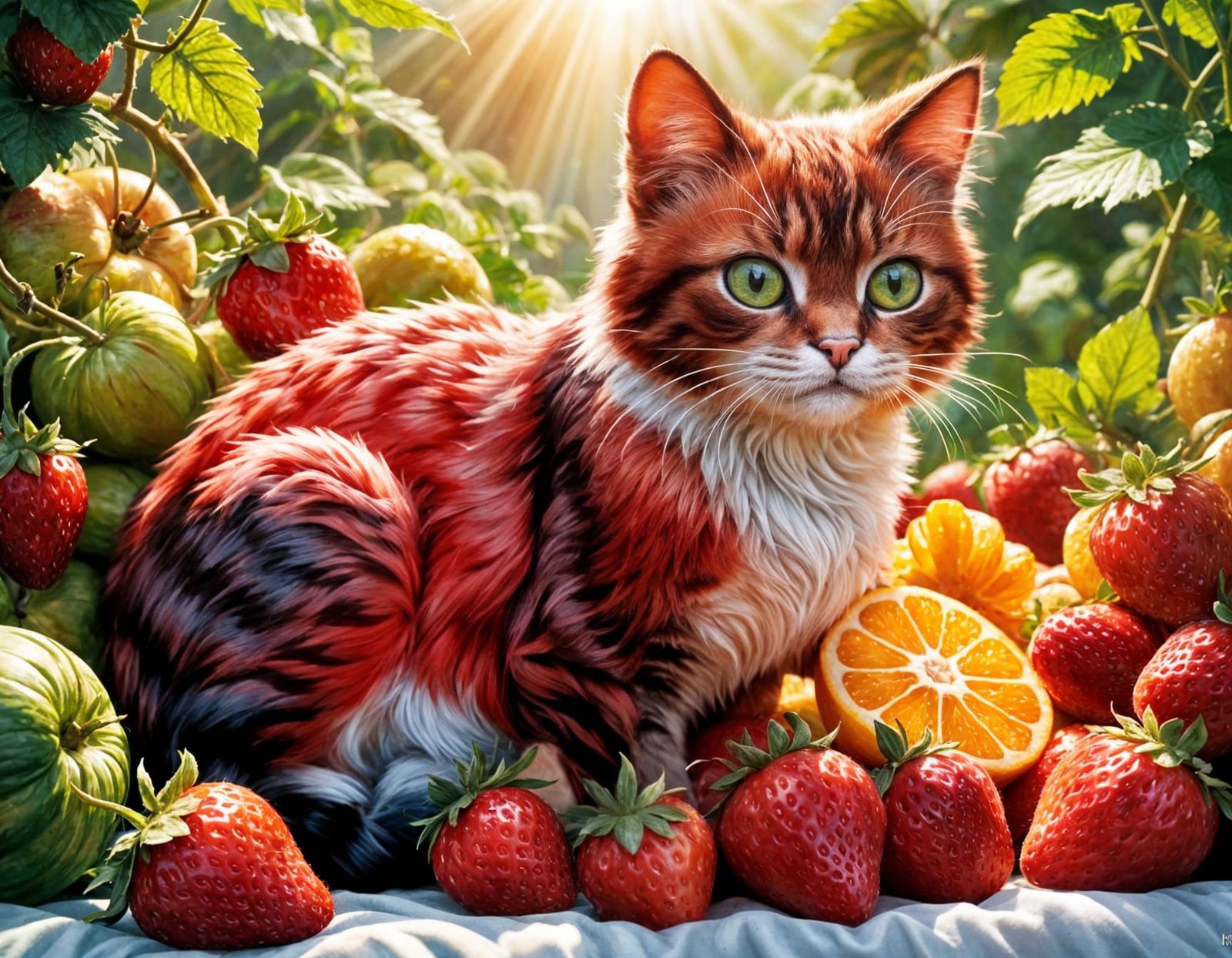 Fruit Cat Frolics in Vibrant Fruit Scene