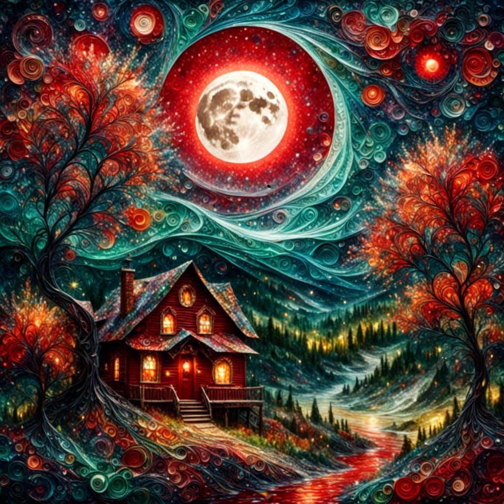 Surreal Log Cabin on a Red Moon