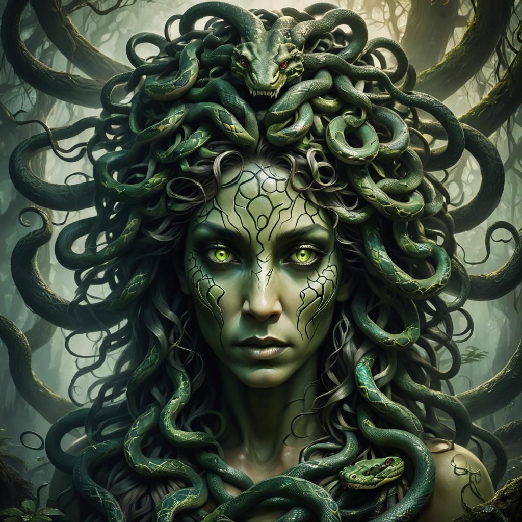 Eerie Medusa Portrait in Mystical Forest