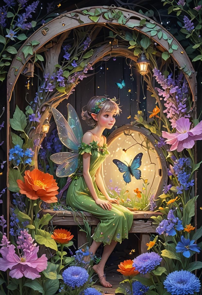 Pixie in Flower Shed: Whimsical Fantasy Art