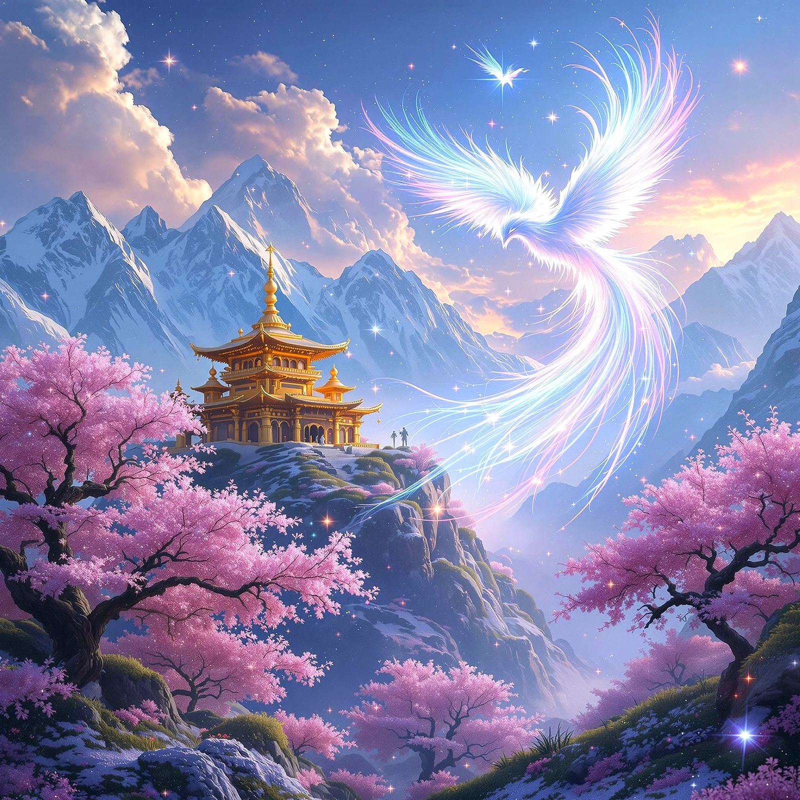 Ethereal Phoenixes Soar Above Elvish Temple in Dreamland