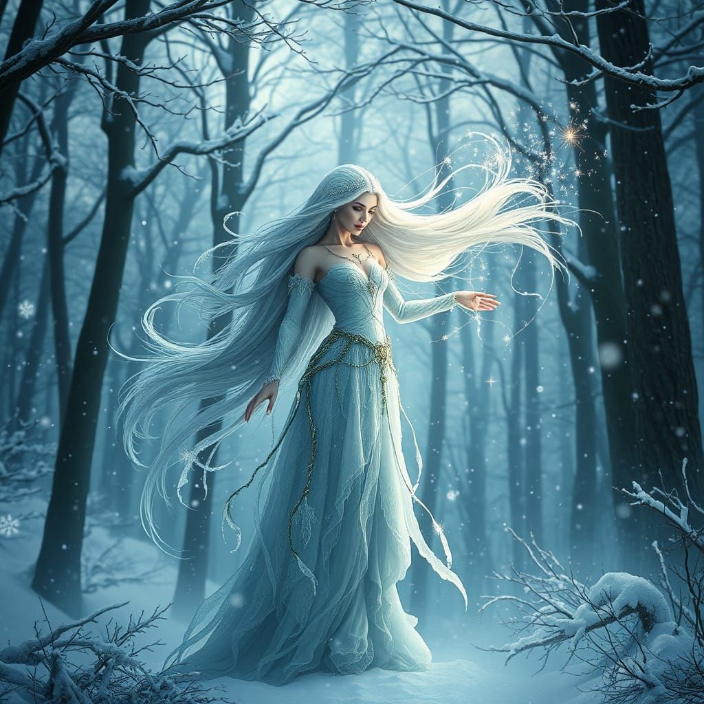 Winter Spirit in Ethereal Snow Forest