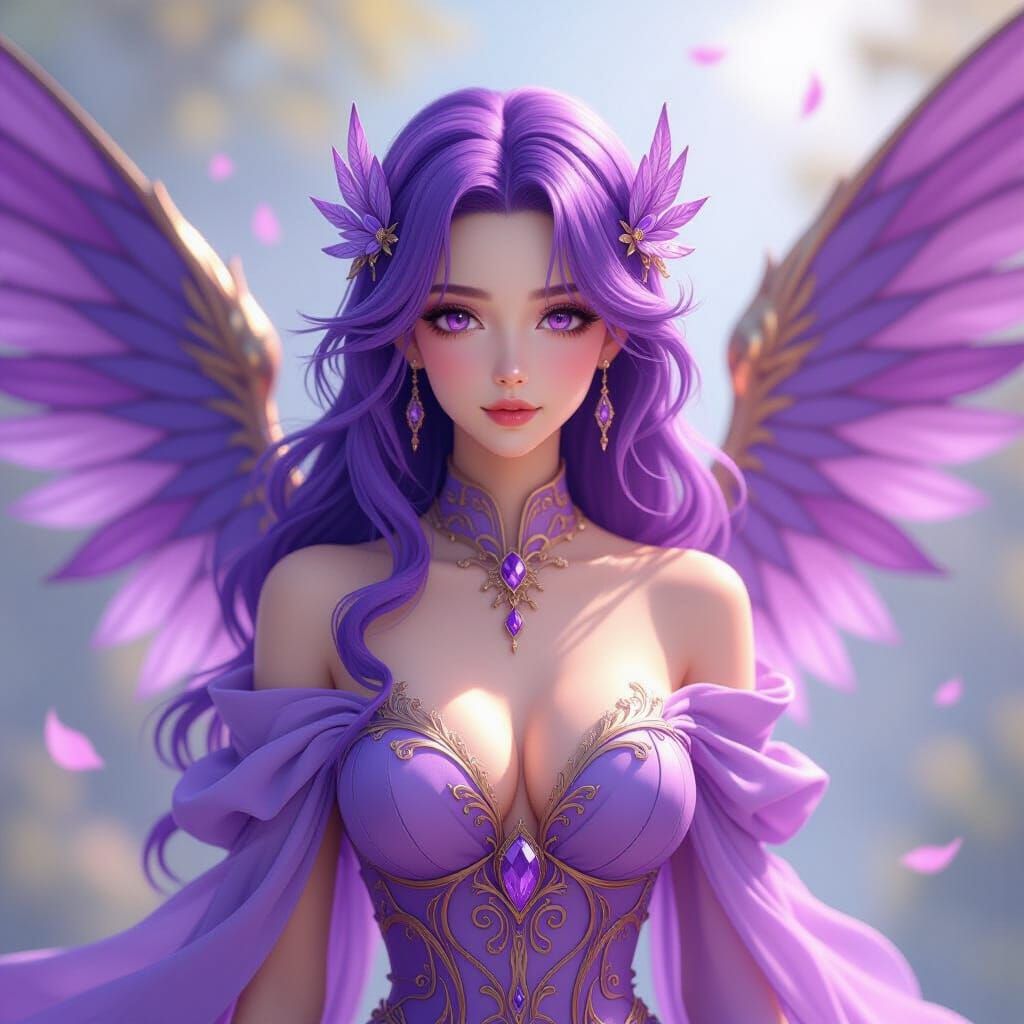 Ethereal Woman with Purple Wings in Anime Style