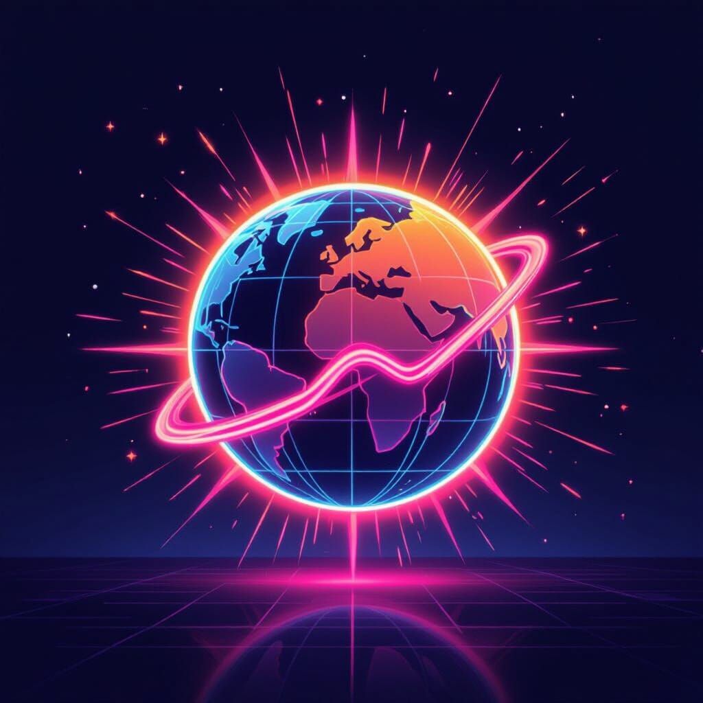 Neon Starburst Globe Radiating Waves on Dark Futuristic Back...