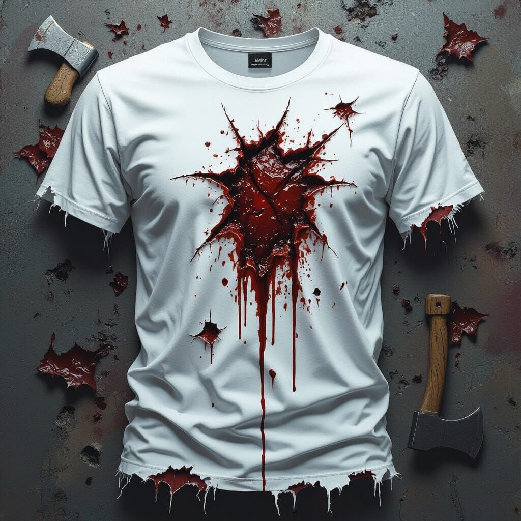 T-Shirt with Bloody Axe Wound Design