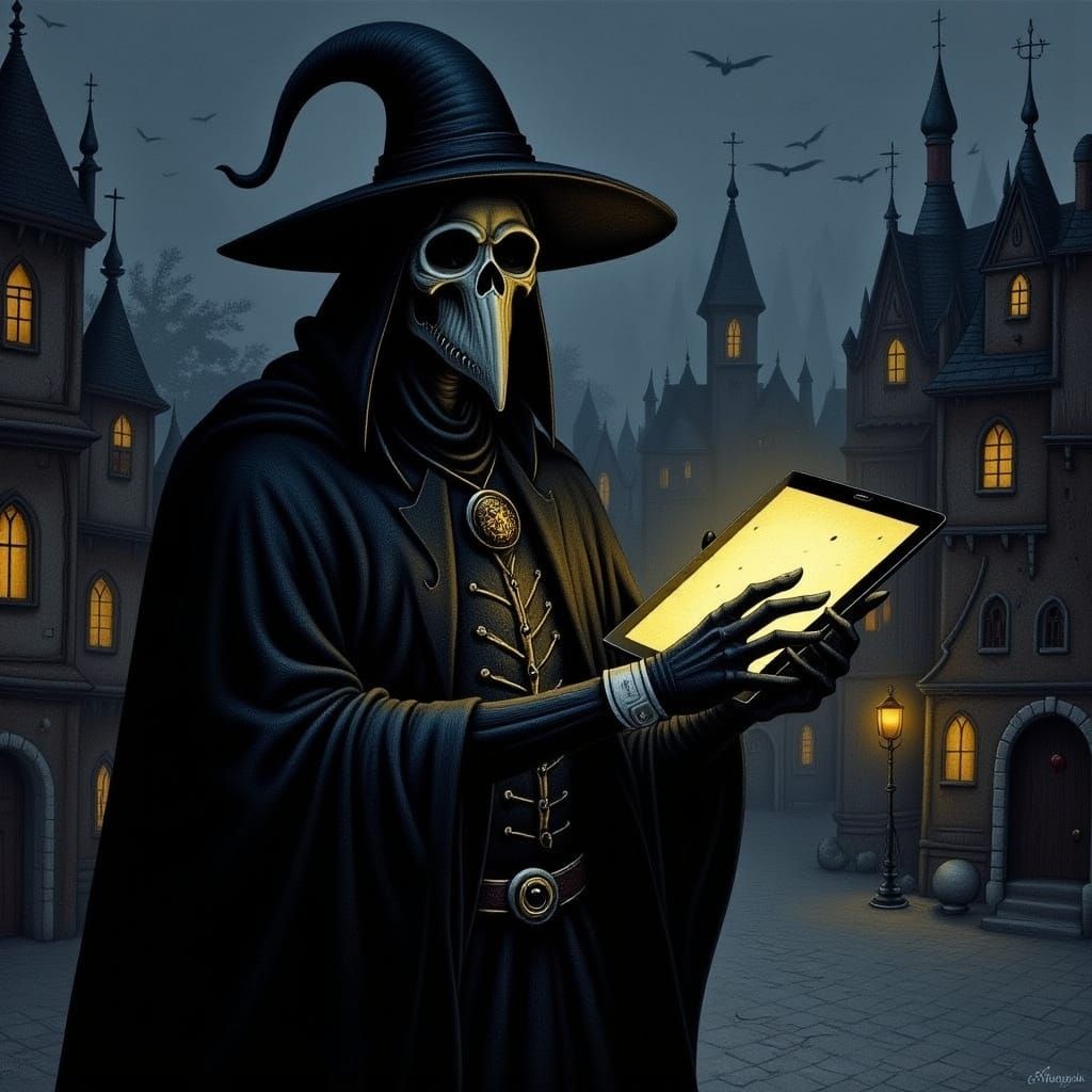 Cyberpunk Plague Doctor in Medieval Town at Night