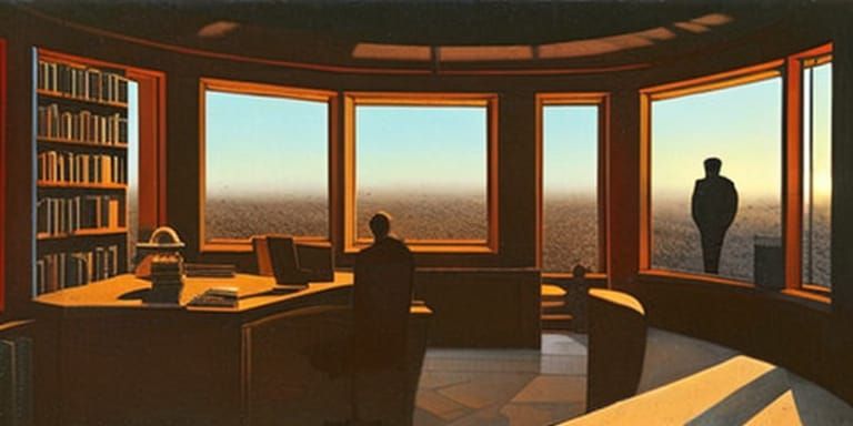 lived-in room with crowded bookshelves on wall, silhouette of a man behind a curved stone desk with high-backed chair, l...