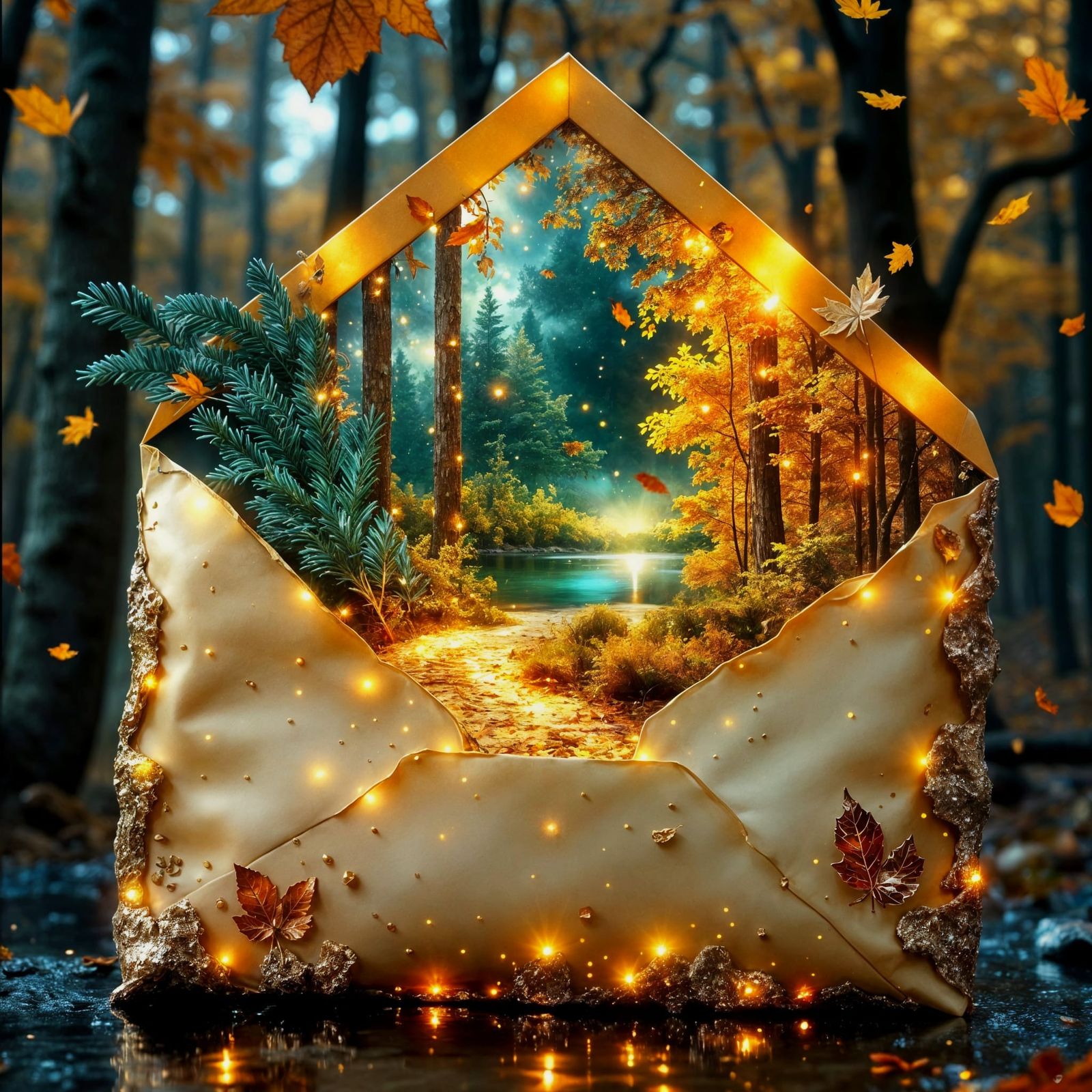 Vintage Autumn Envelope with Glowing Forest Scenery