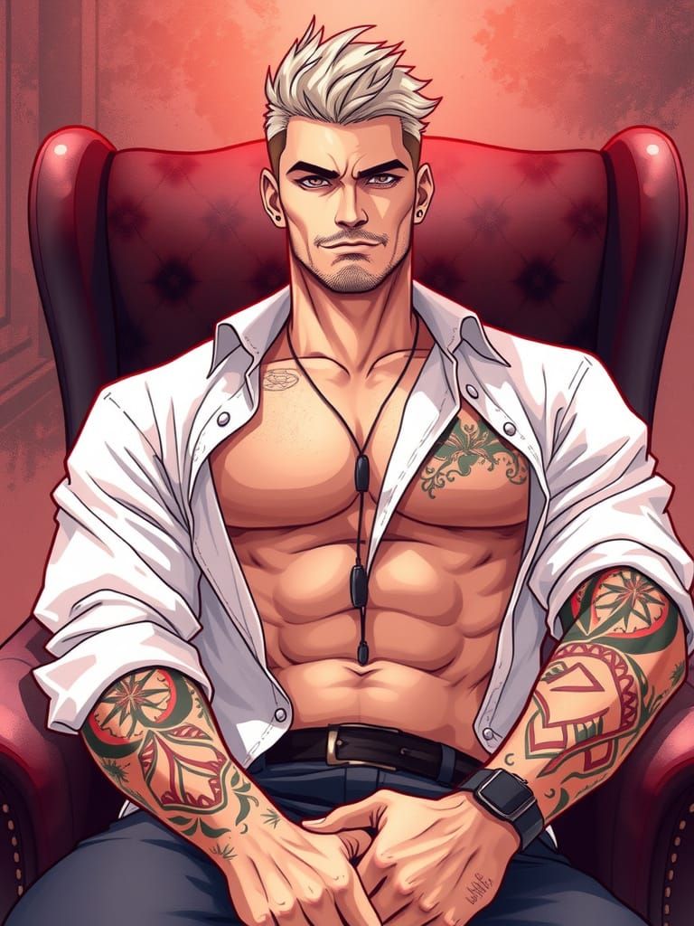 Surreal Anime Mafia Boss with Intricate Tattoos in Watercolo...