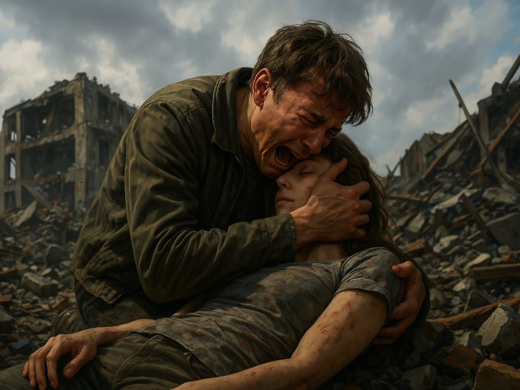 Grieving Man in War-Torn City: Photorealistic Oil Painting