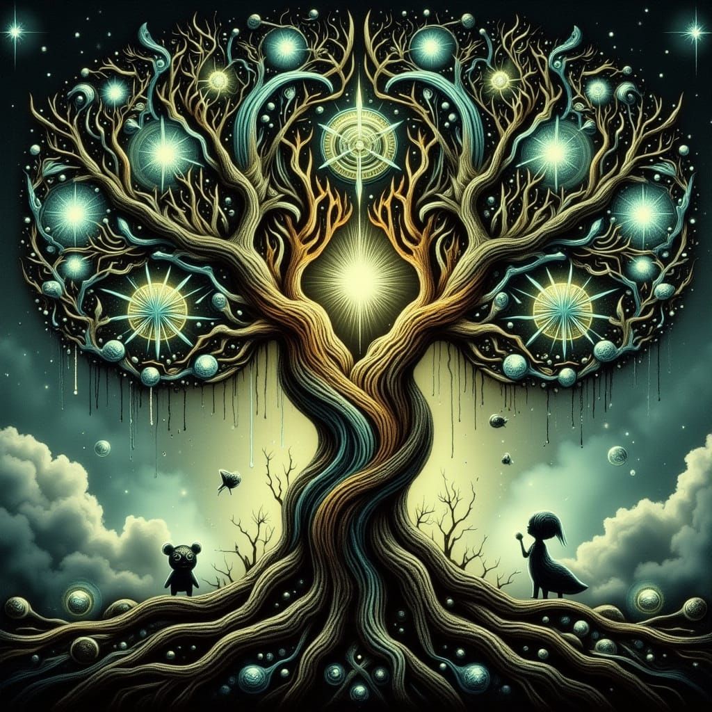 Ancient Tree with Geometric Roots and Crystalline Branches