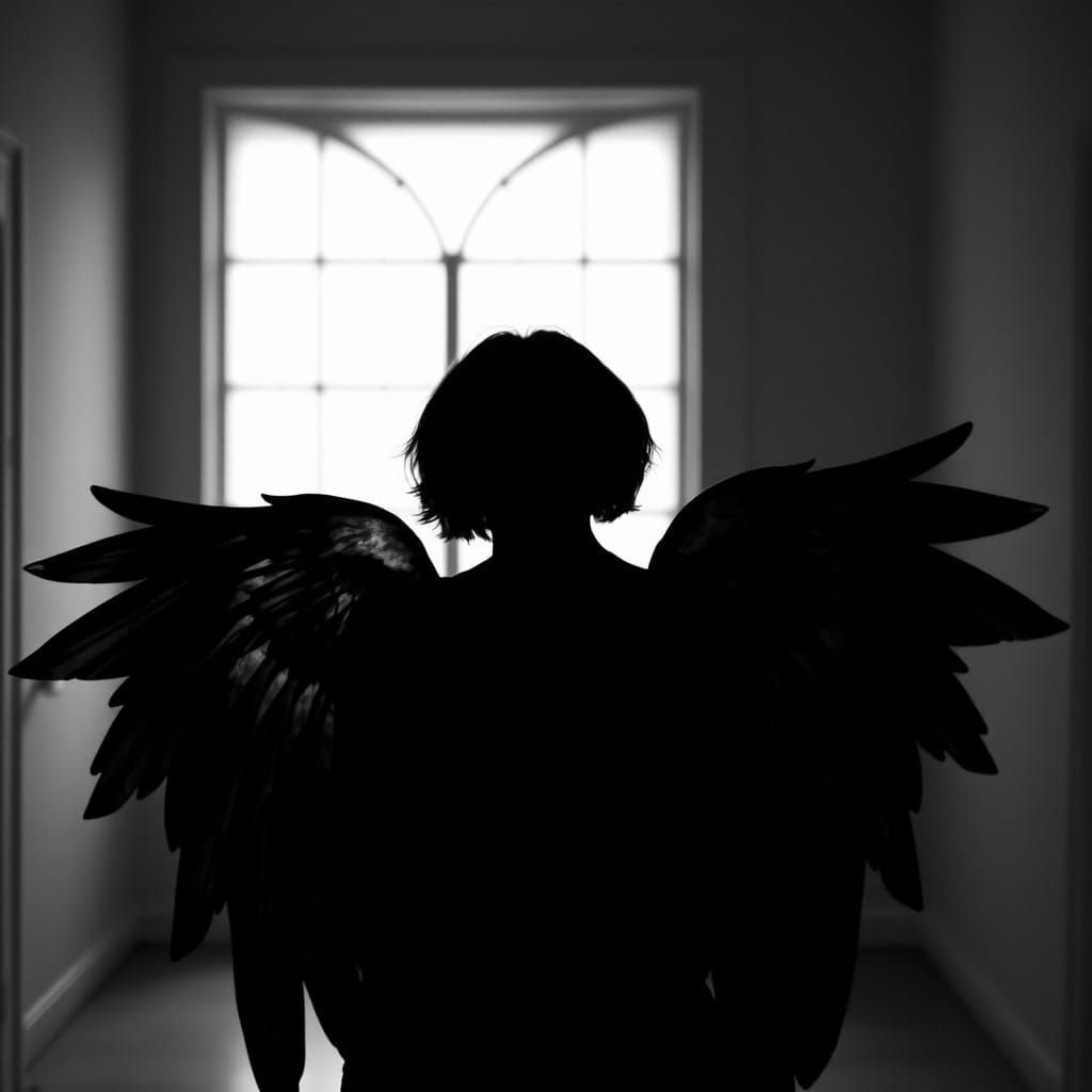 Angel Woman in Dark Silhouette with Majestic Wings