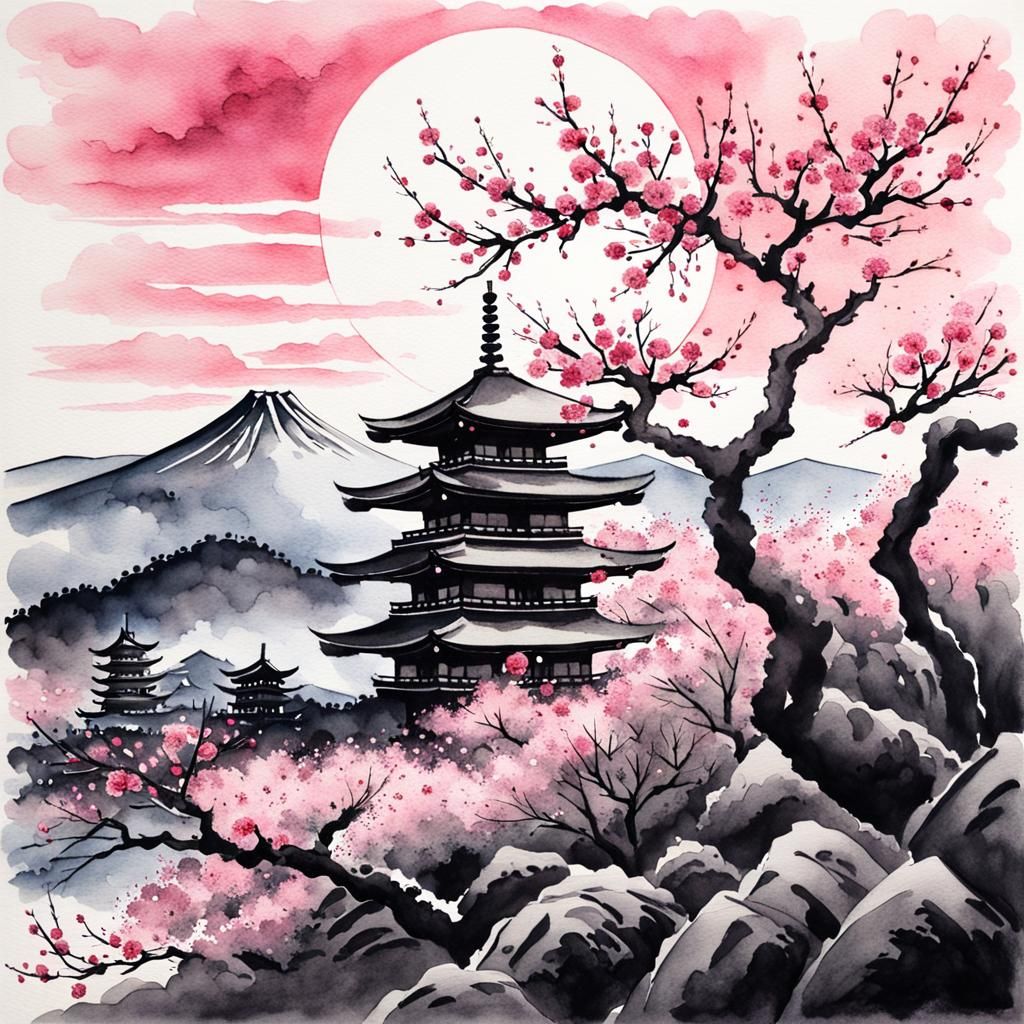 Erupting Fujiyama in Japanese Ink Painting