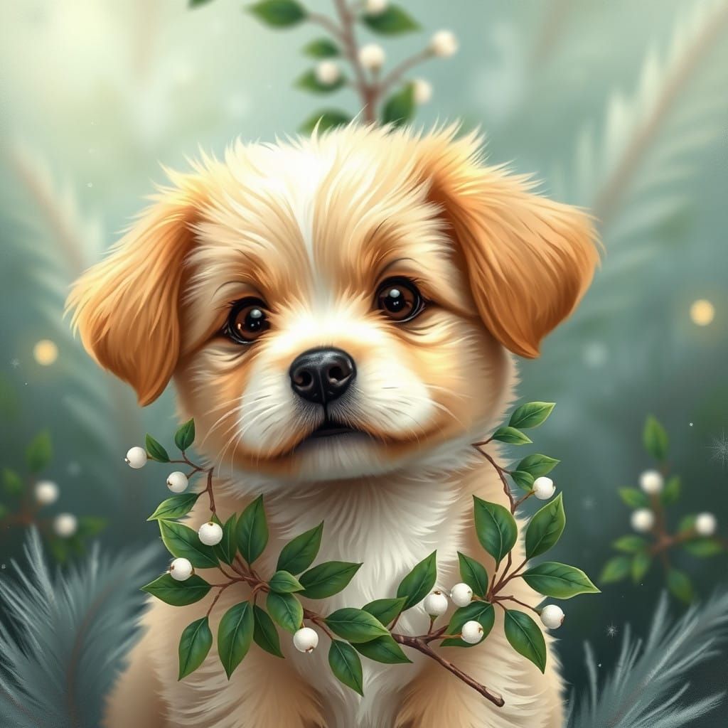 Puppy in Whimsical Mistletoe Garland Landscape