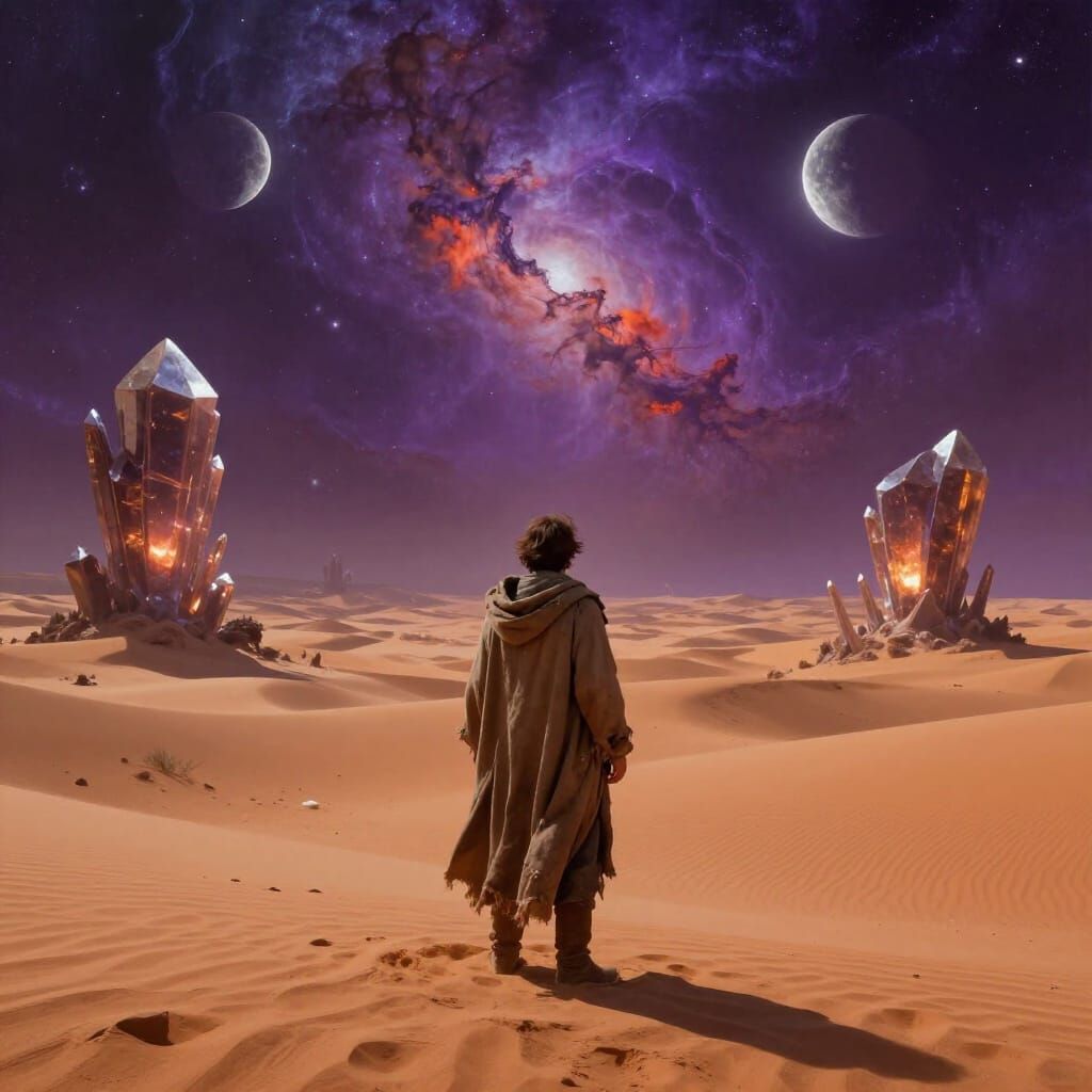 Man on Alien Desert Under Nebula Sky