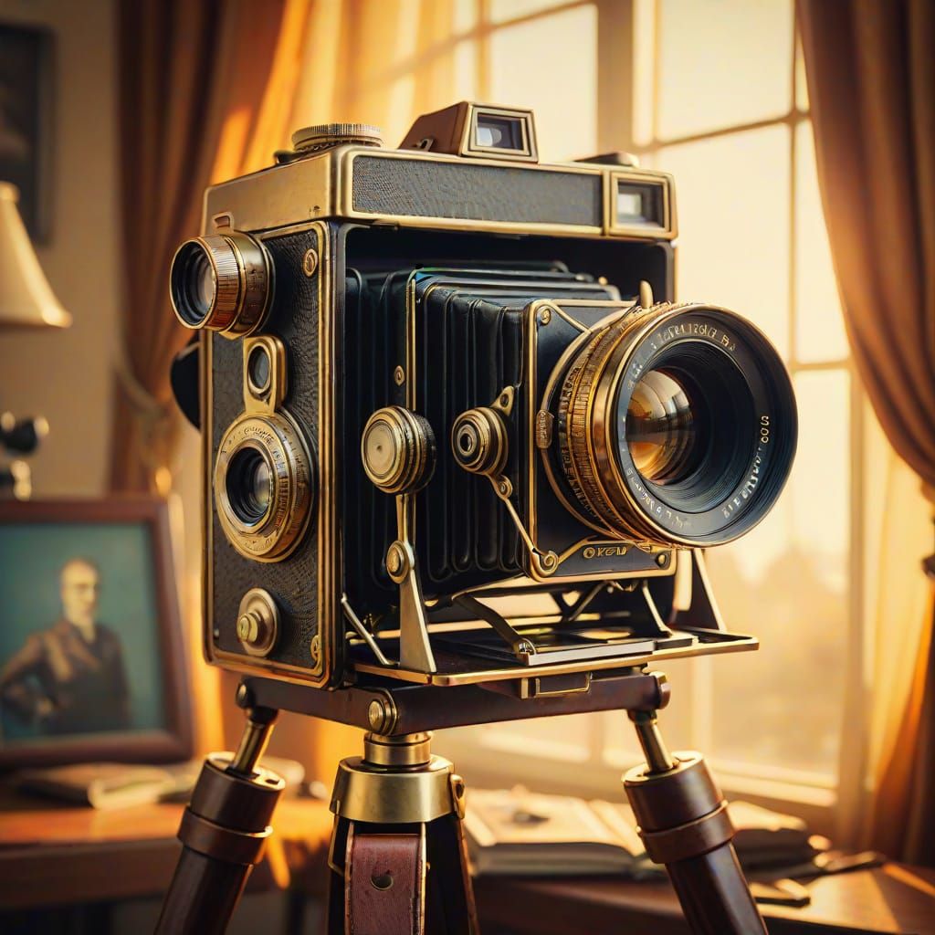 Vintage Camera in Comic Book Style with Golden Light
