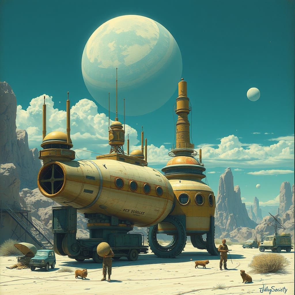 Retrofuturistic Scene in a Distressed, Lowbrow Style