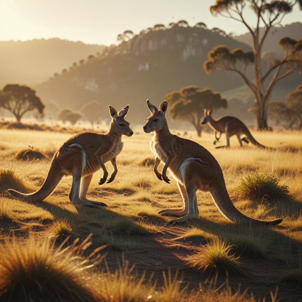 Kangaroos in Sunny Australian Grassland, Puzzle Graphic Styl...