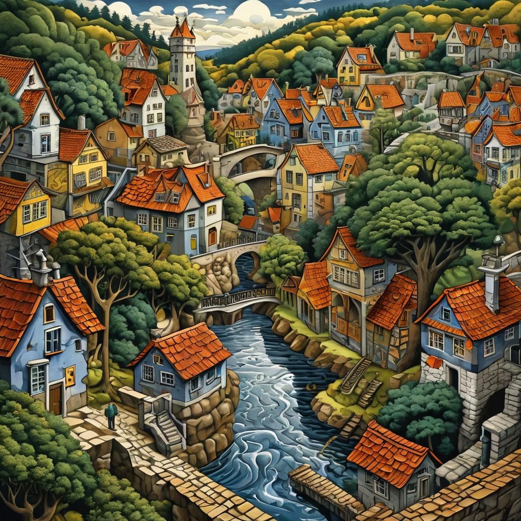 Landscape. Art in the style of M.C. Escher