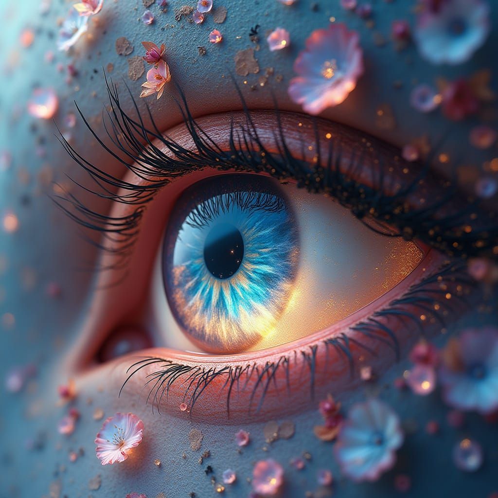Ethereal Eye with Iridescent Tears and Floral Whispers