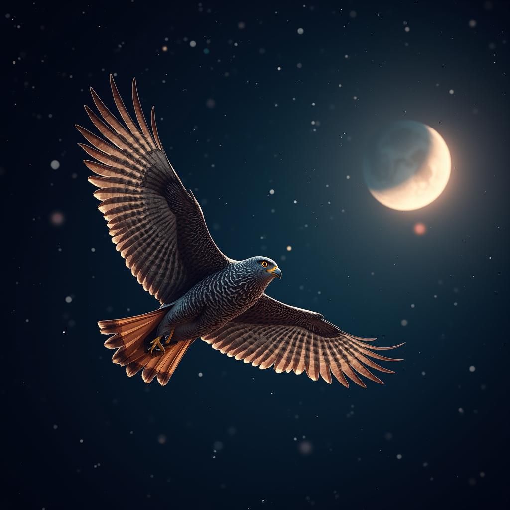 Falcon Soaring by Moon in Starry Night Sky
