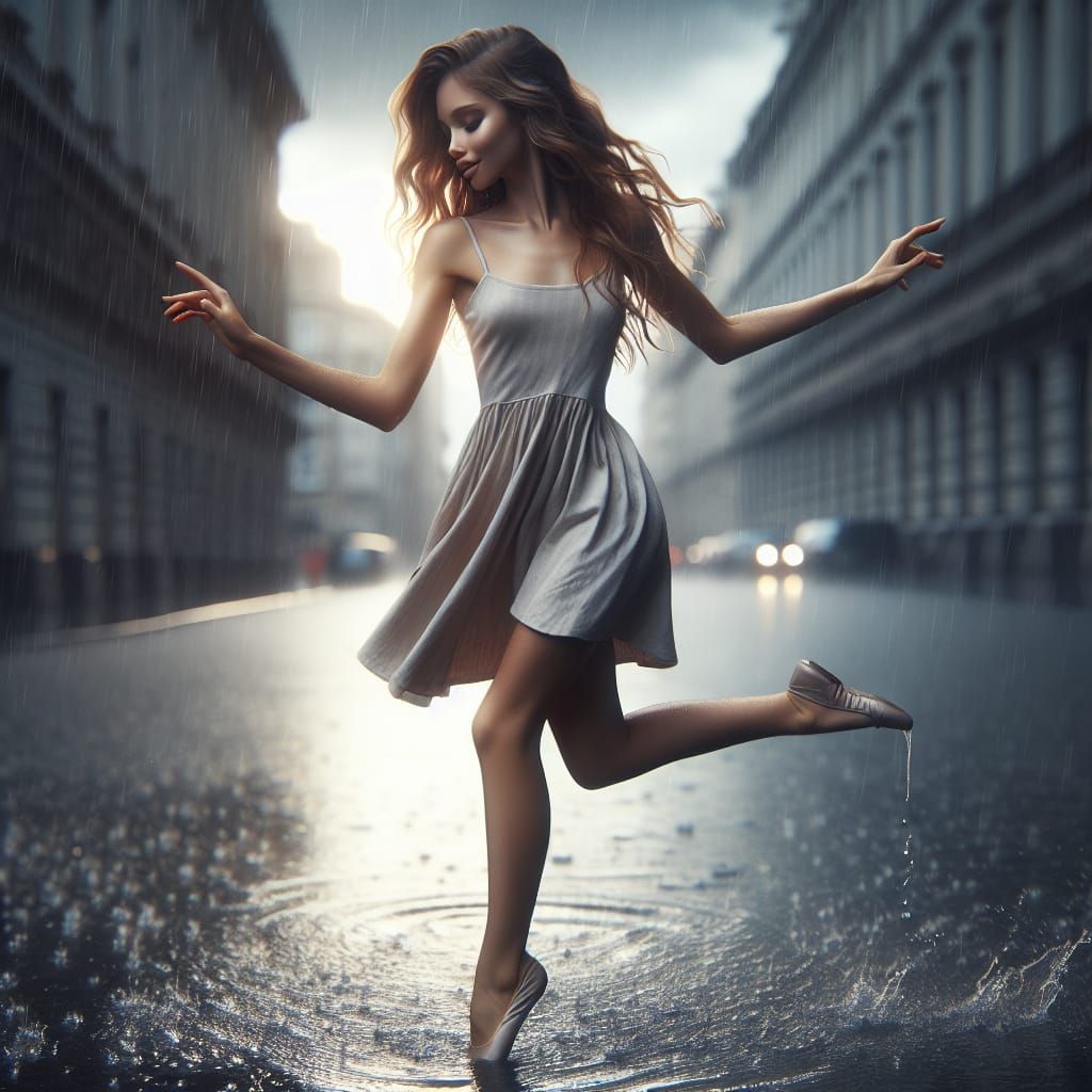 Joyful Young Woman Dancing in the Rain