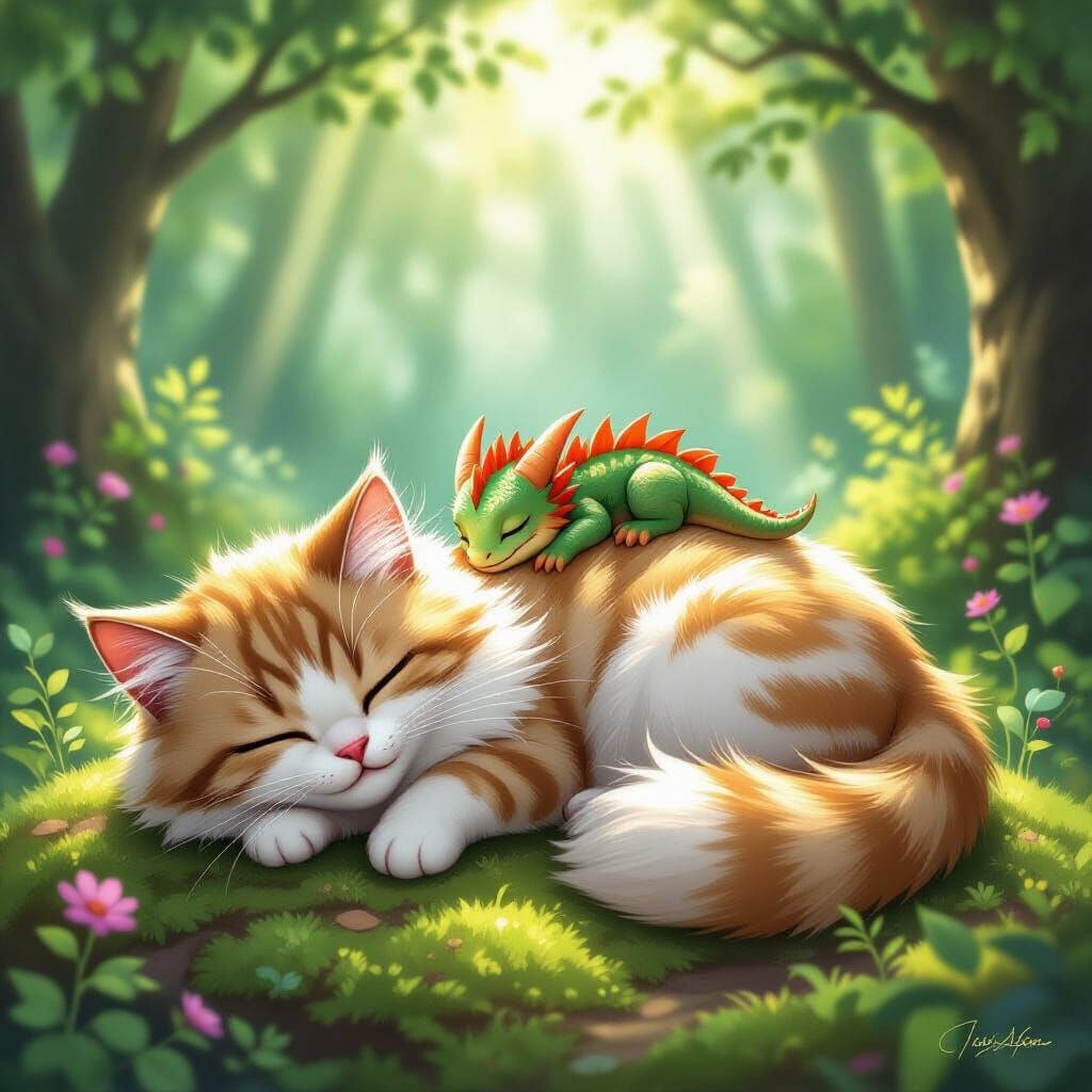 Dragon and Cat Nap in Sun-Dappled Forest