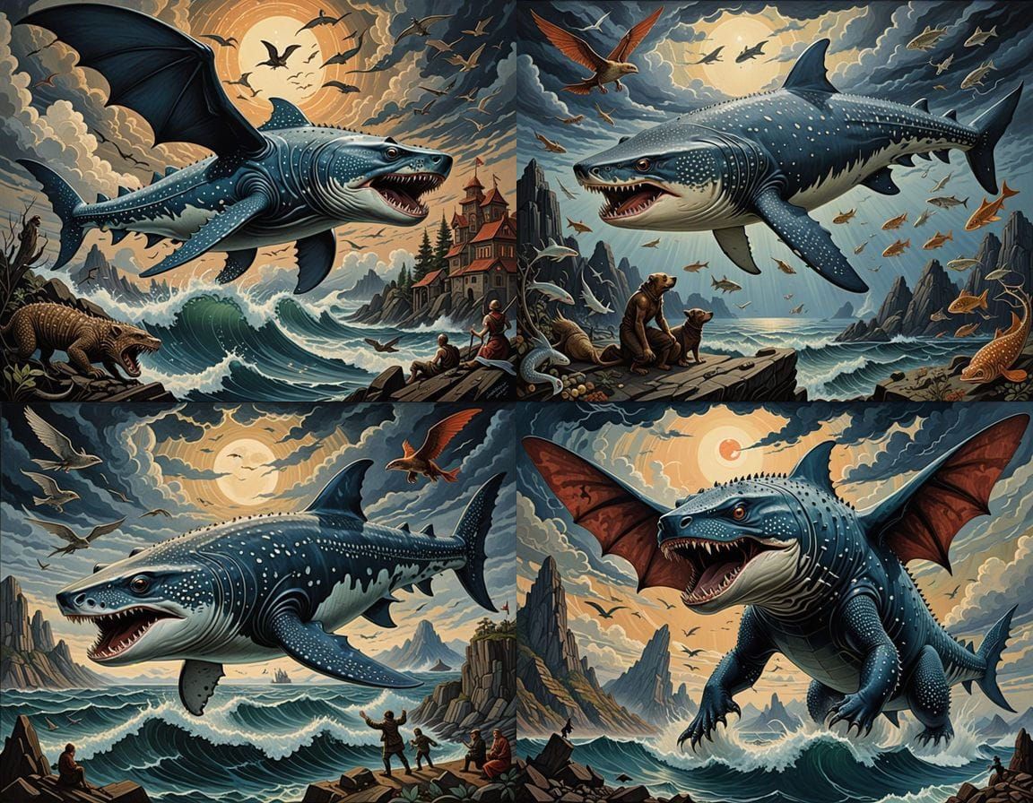 Surreal Hybrid Creature in Stormy Sky