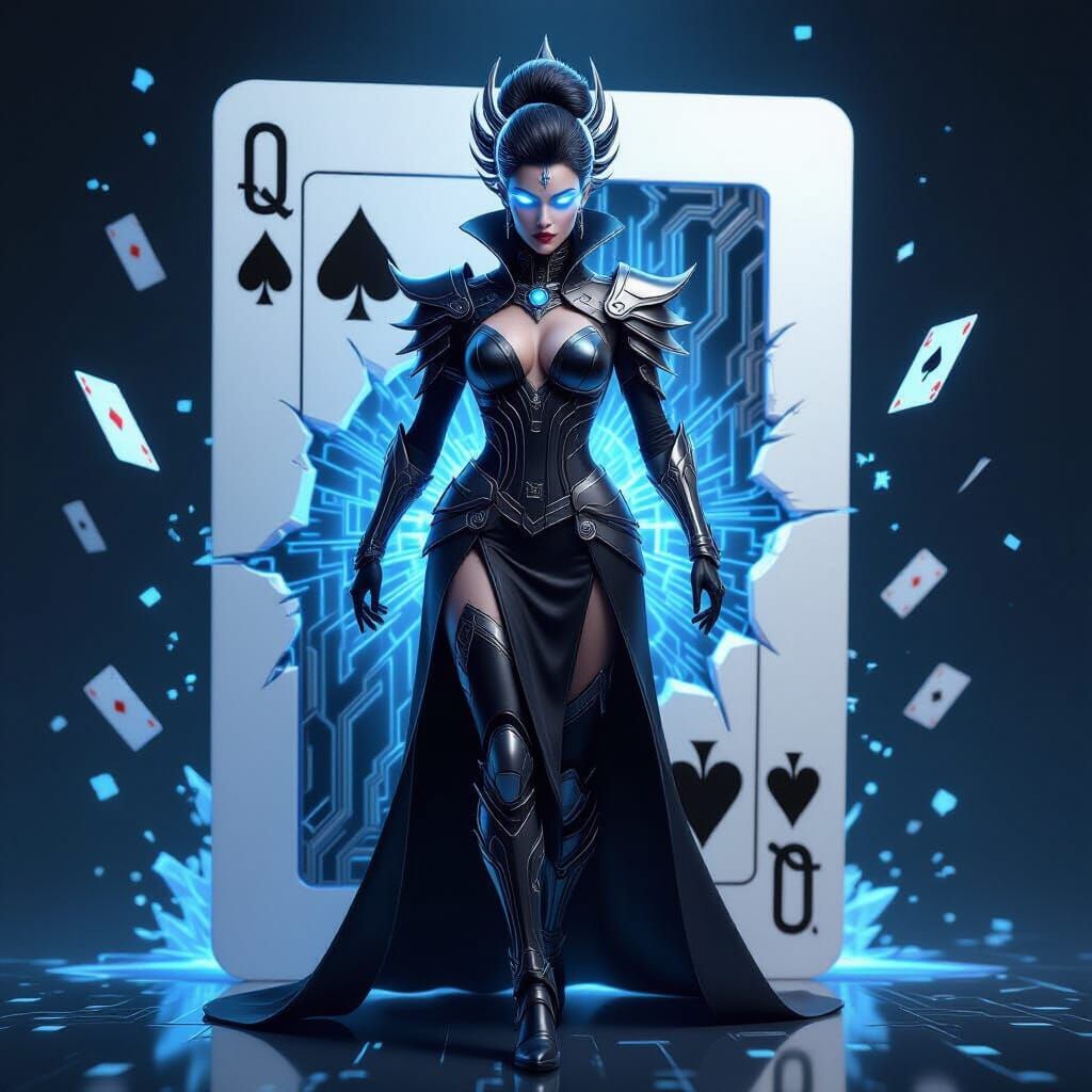 Futuristic Queen of Spades Emerges in Cyberpunk Style