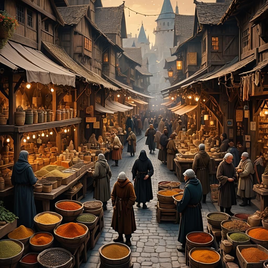 Enchanting Medieval Market with Magical Creatures