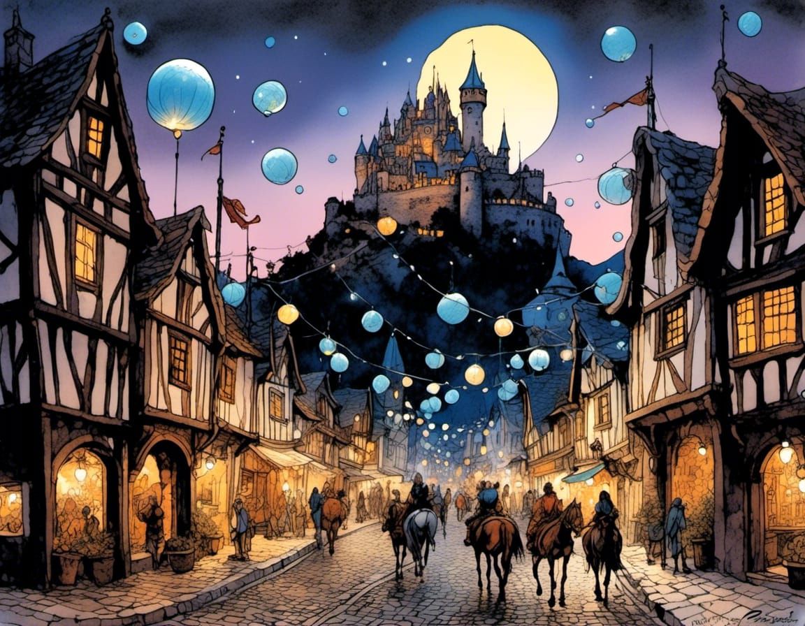 Fantasy Medieval Town at Twilight in Hyperdetailed Ink