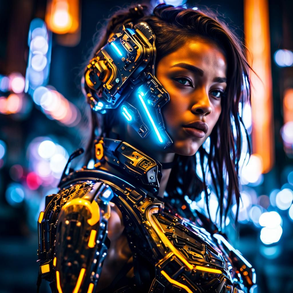 Cyborg Girl in Neon City, Hyperrealistic Portrait