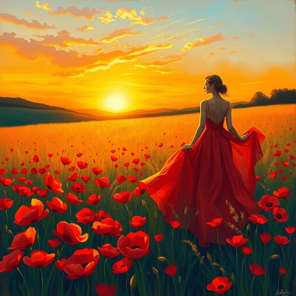 Romantic Poppy Field at Sunset with Elegant Woman in Red