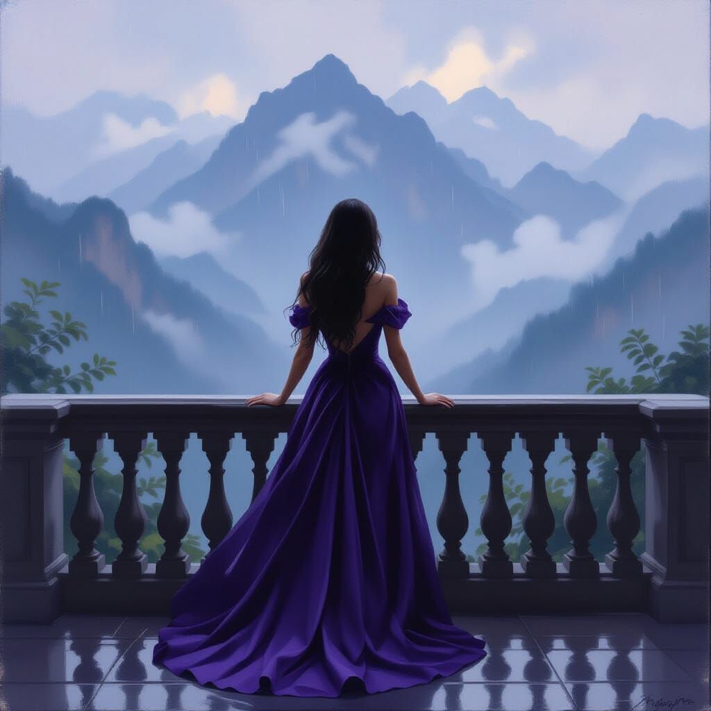 Woman in Purple Gown on Balcony Watching Rainy Mountains