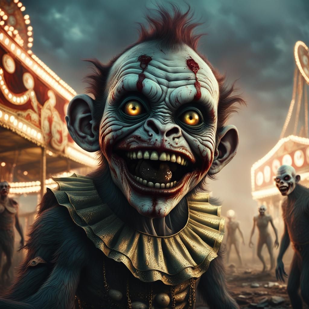 Zombie Monkey Clown Baby in Abandoned Carnival