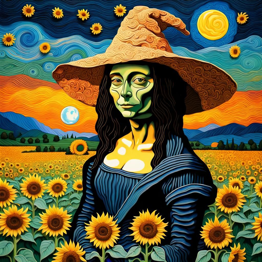 Alien Mona Lisa Scarecrow in Van Gogh Night Sky