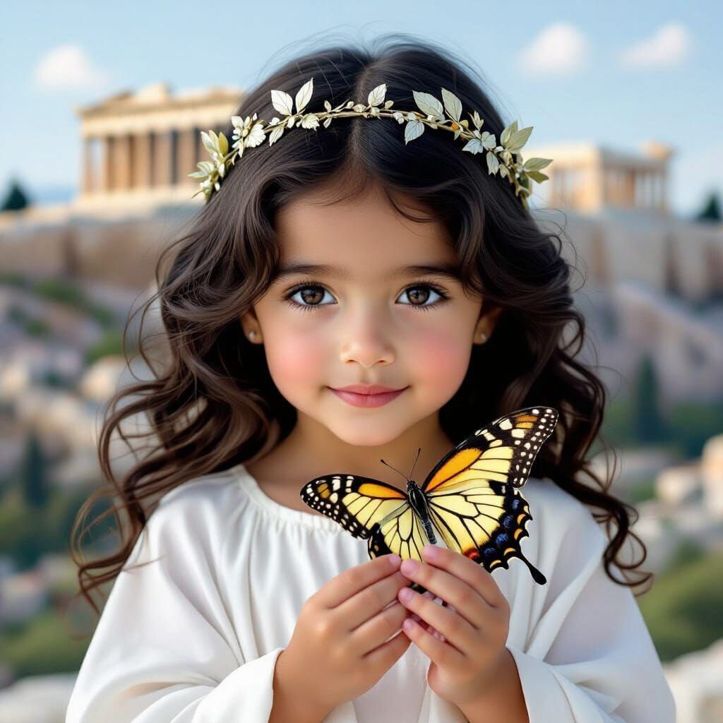 Greek Girl with Butterfly near Acropolis, Photorealistic Por...