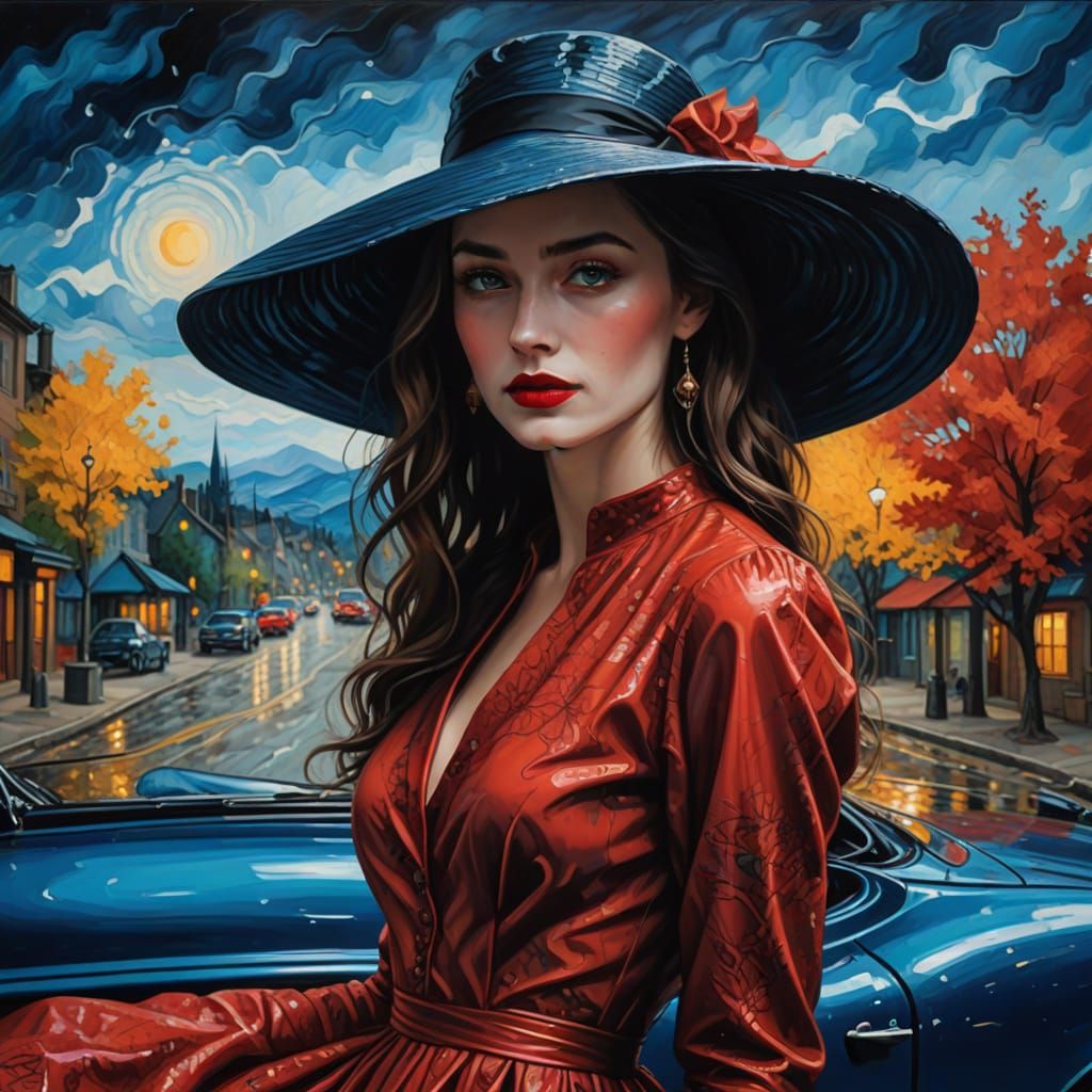 Elegant Lady Contemplating a Landscape in Vibrant Wet Painti...