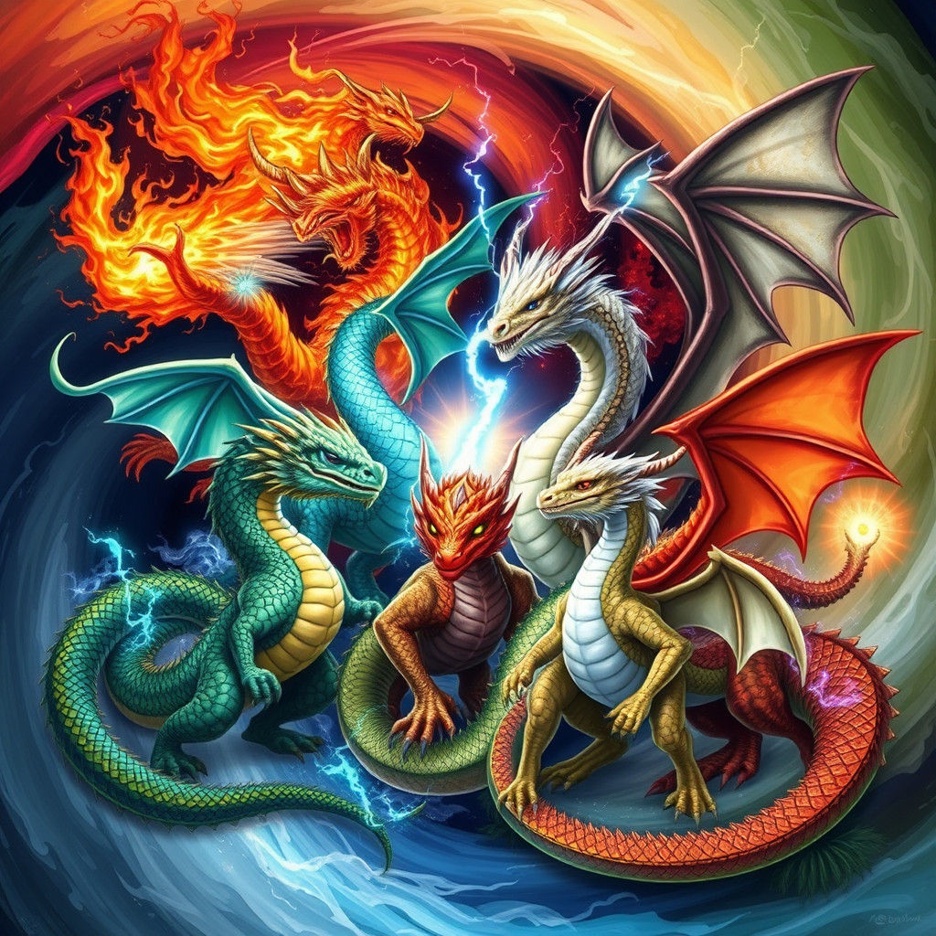 Elemental Dragons Unite in a Swirling Vortex