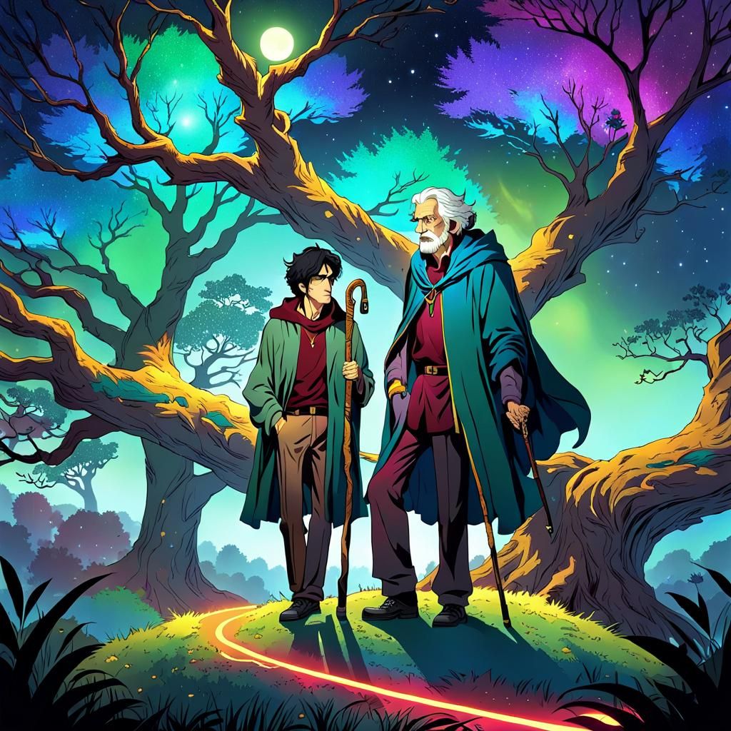 Cosmic Tree: Elderly Man Guided by Youth