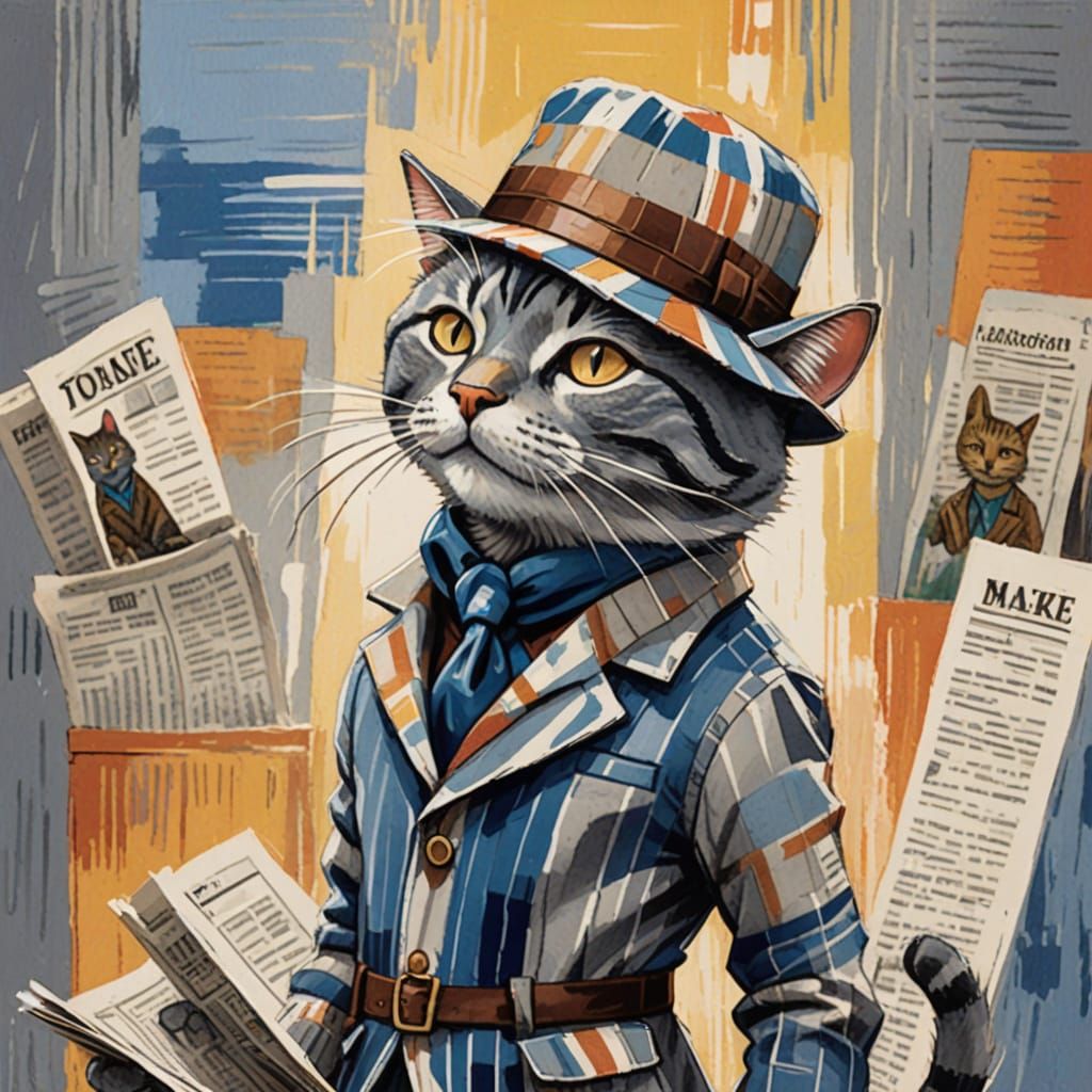 Whimsical Fauvist Cat Reads Newspaper in Warm Sunlight