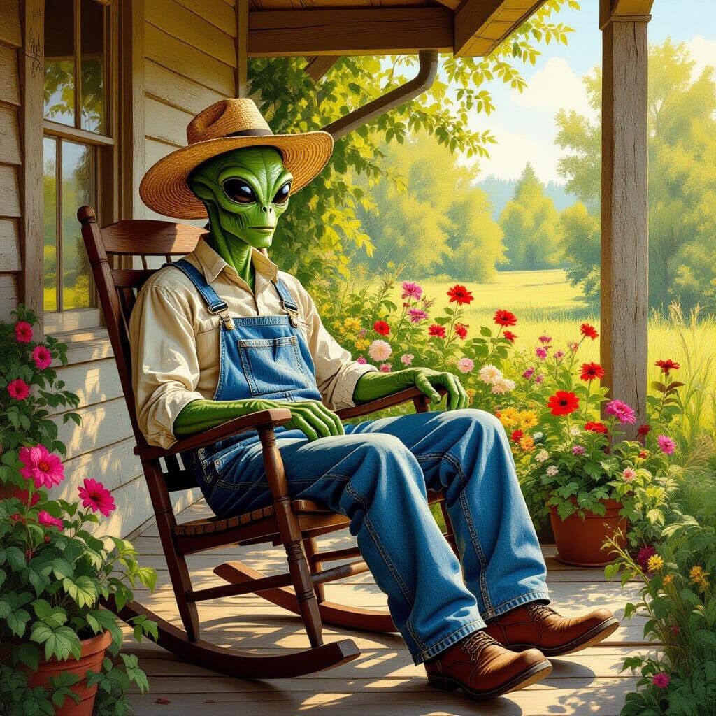 Alien Farmer on a Porch in Rockwell Style