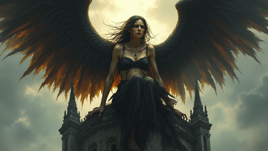 Dark Fantasy Fallen Angel in Gothic Ruins